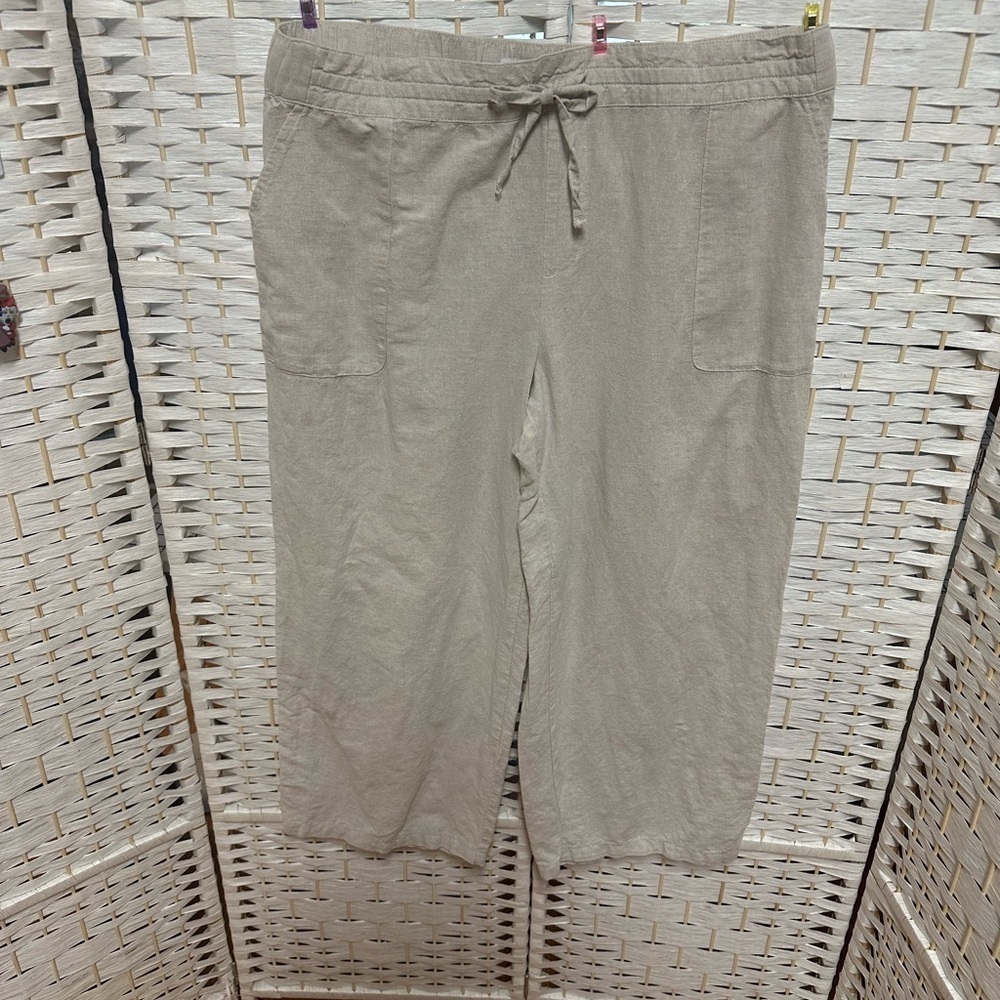 Liz Claiborne linen mix pants pockets drawstring waist euc‎ size L cream color